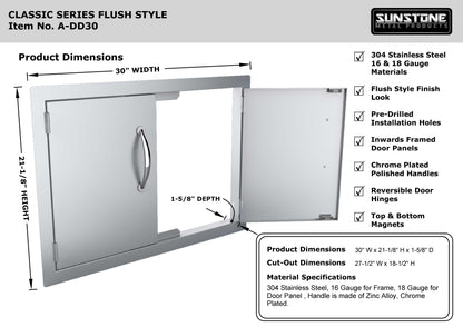 Sunstone 30" Double Door Flush Mount - A-DD30 - Diagram of flush style double door with dimensions.