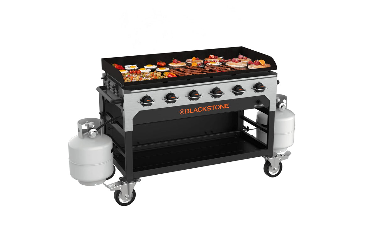 Blackstone 48-inch catering griddle, griddle top loaded with food
