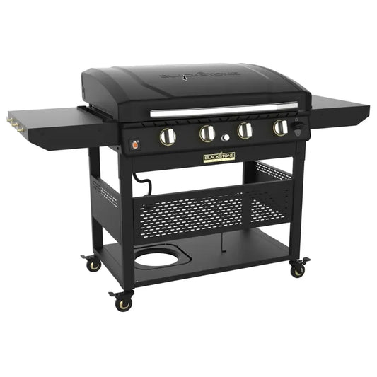 Blackstone Select 36-inch black griddle with hood, shown with hood closed and side shelves up