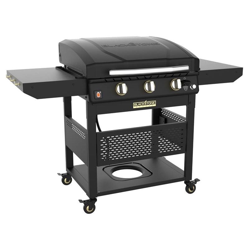 Blackstone Select 28-inch XL black griddle with hood, shown with hood closed and side shelves up
