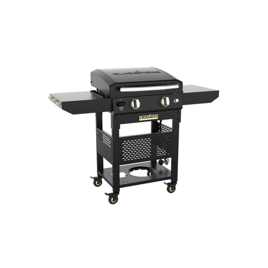 Blackstone Select 22-inch black griddle with hood, shown with hood closed and side shelves up