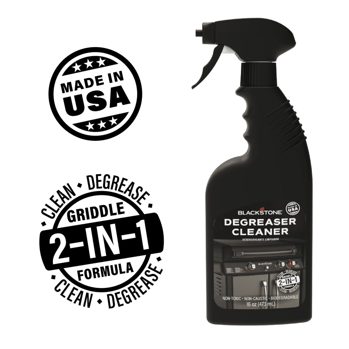 Blackstone griddle degreaser and cleaner spray, made in USA 2-in-1 formula