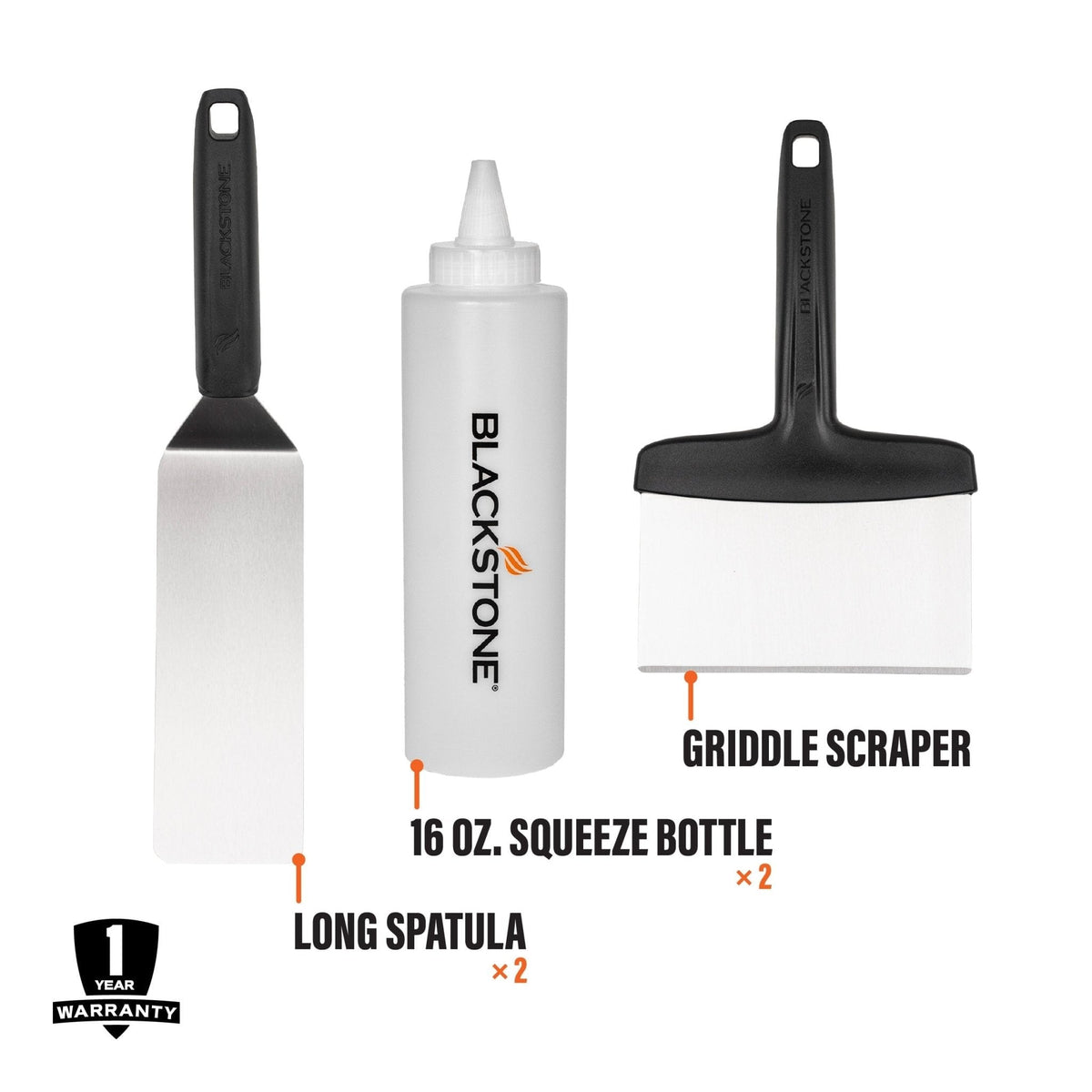 Blackstone 5-piece griddle toolkit, kit contents labeled