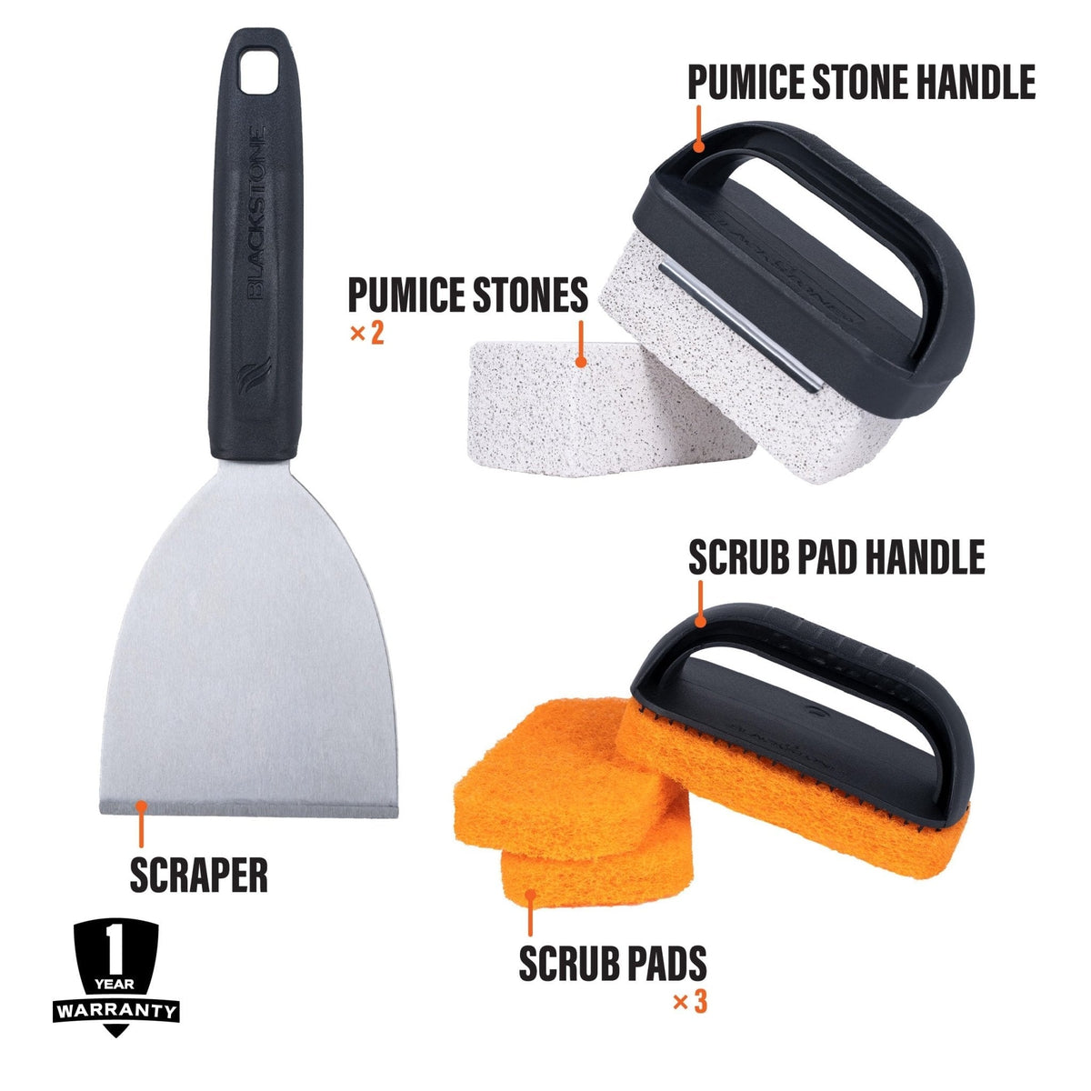 Blackstone griddle cleaning kit, kit contents labeled