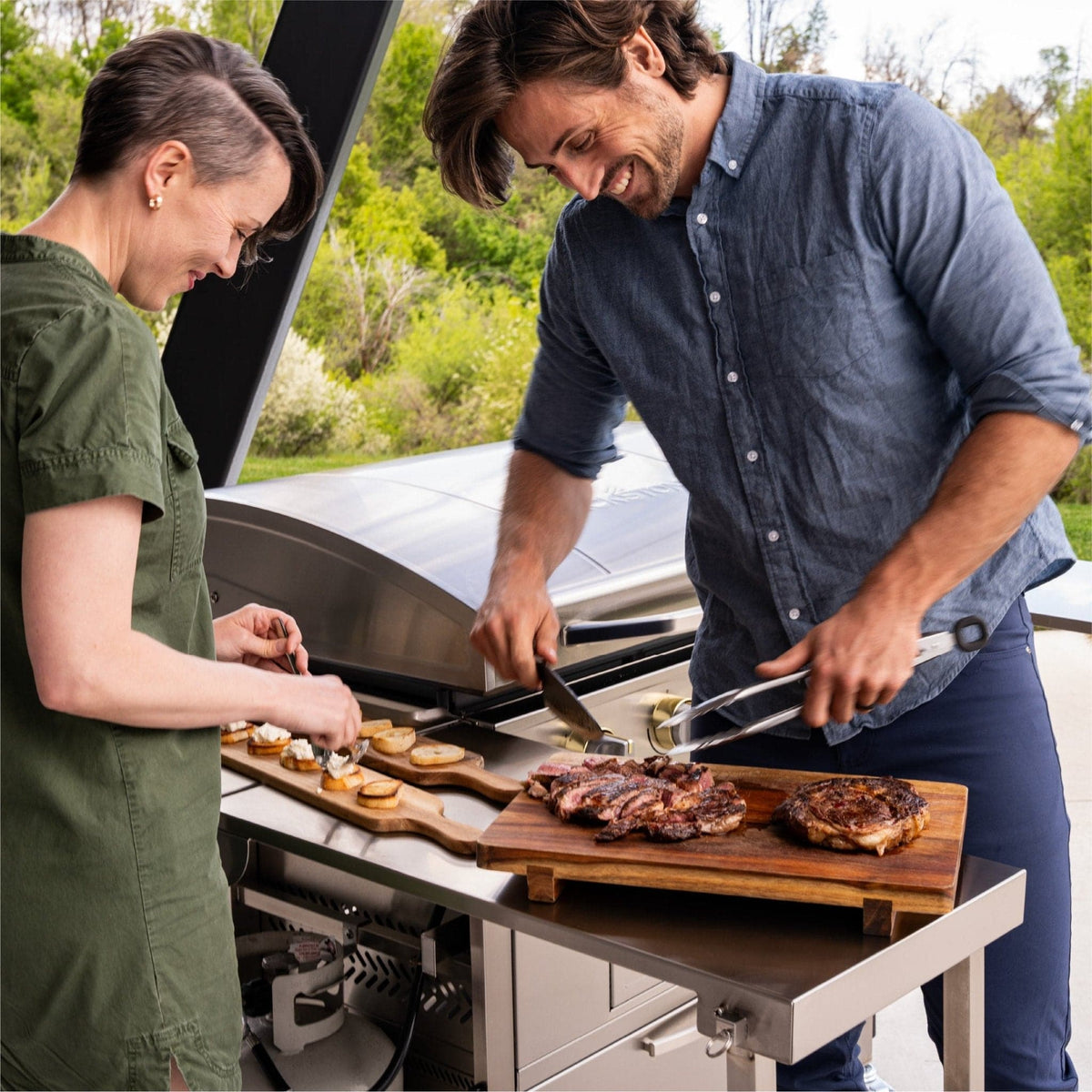Blackstone Select 36-inch griddle with air fryer, cooking steaks on the griddle