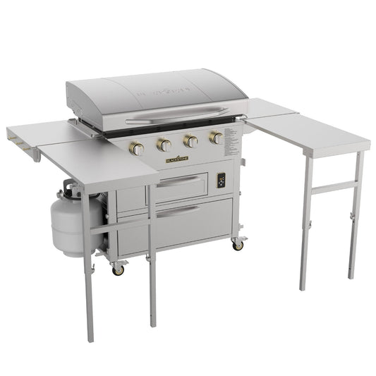 Blackstone Select 36-inch griddle with air fryer, stainless cart with side tables extended