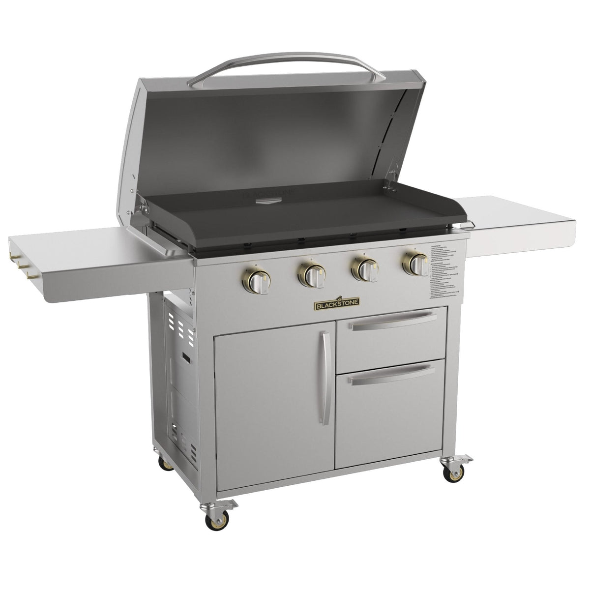 Blackstone Select 36-inch griddle with cabinet, hood open, stainless cabinet and drawers