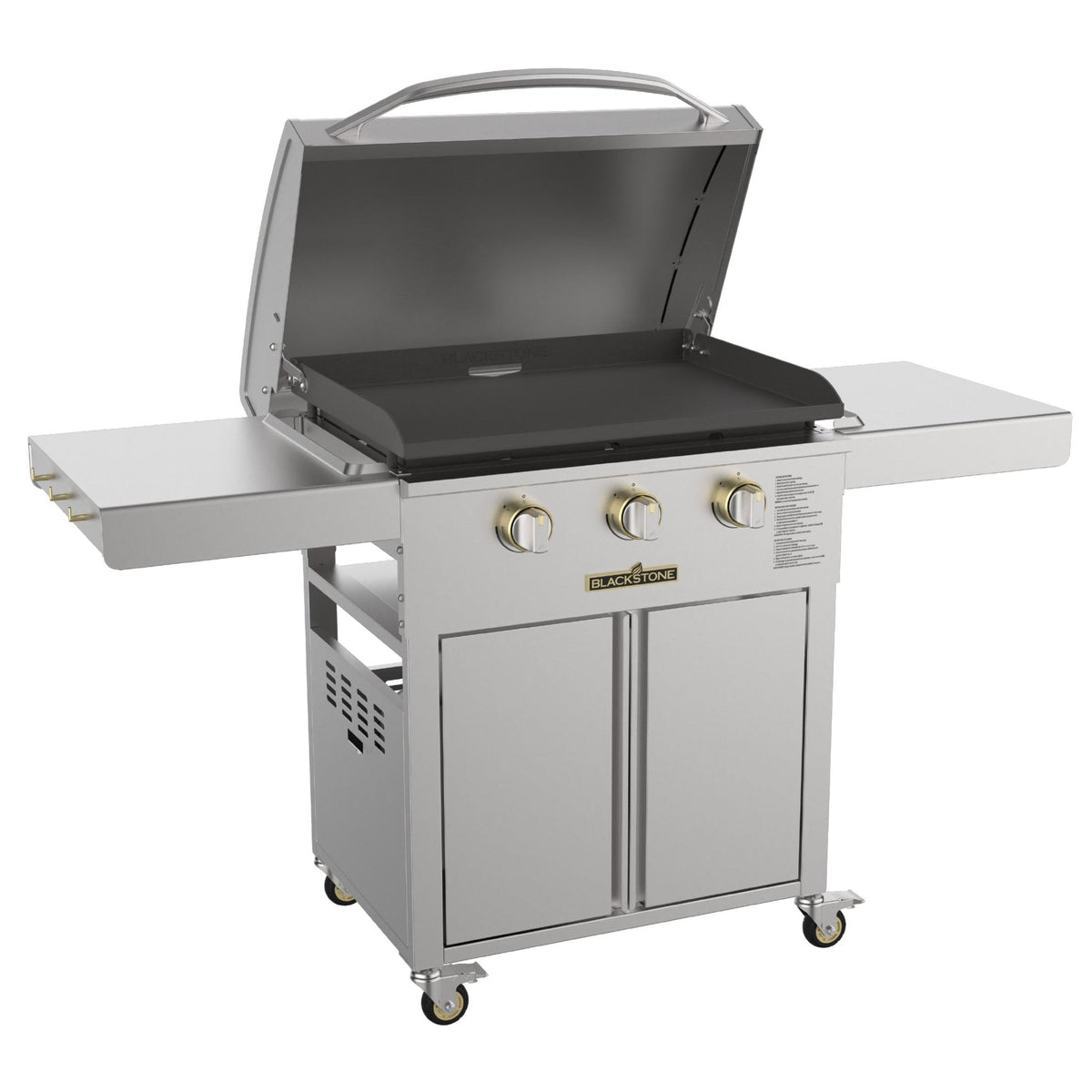 Blackstone Select 28-inch griddle with cabinet, hood open, stainless cabinet