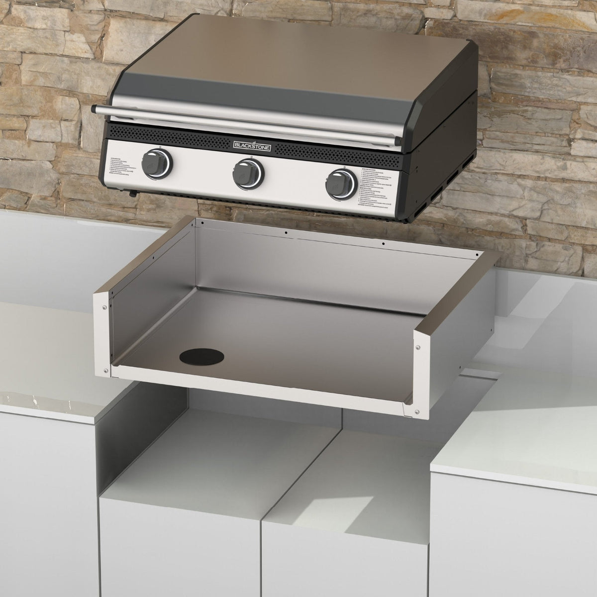 Blackstone 28-inch drop-in griddle insulating jacket, jacket and griddle in a stone island