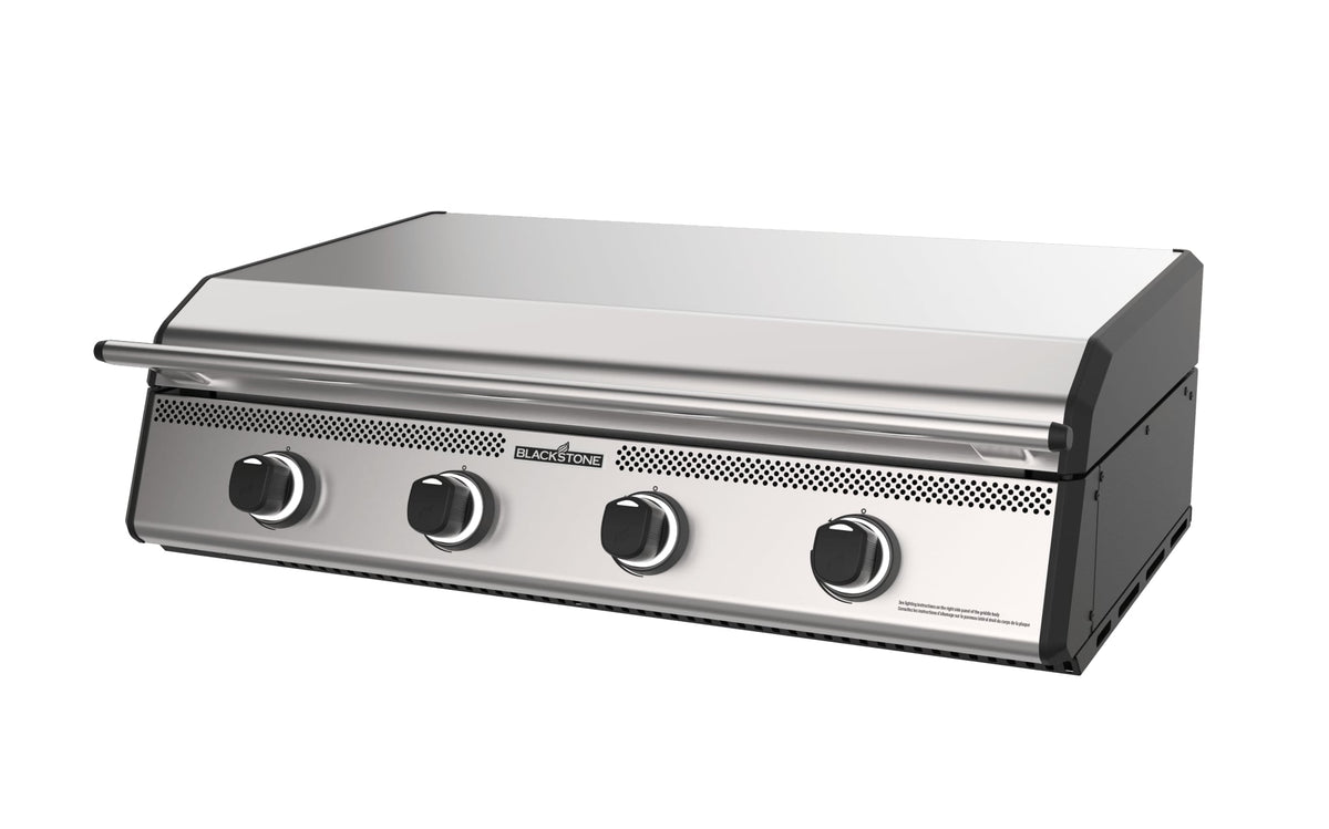 Blackstone 36-inch built-in griddle with hood, hood closed, angled view