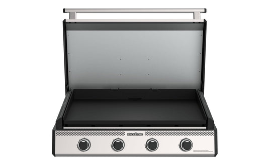 Blackstone 36-inch built-in griddle with hood, hood open showing the griddle plate