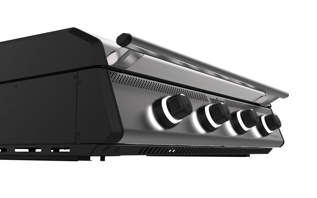 Blackstone 36-inch built-in griddle with hood, illuminated control knobs close-up
