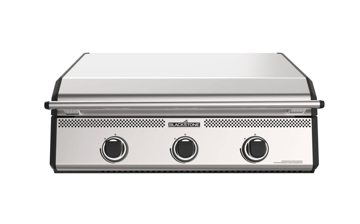 Blackstone 28-inch XL built-in griddle with hood, front view with hood closed