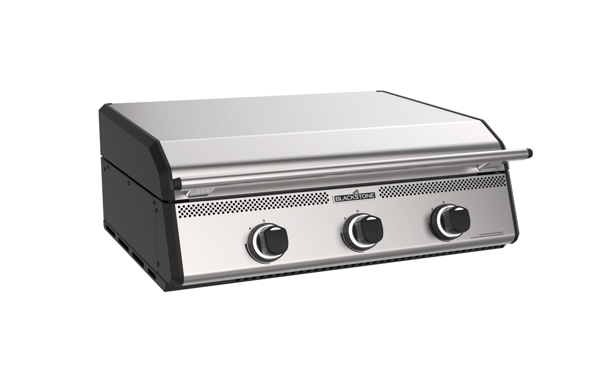 Blackstone 28-inch XL built-in griddle with hood, hood closed, angled view