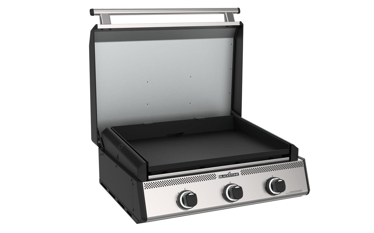 Blackstone 28-inch XL built-in griddle with hood, hood open showing the griddle plate