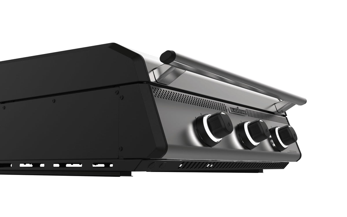 Blackstone 28-inch XL built-in griddle with hood, control knobs close-up