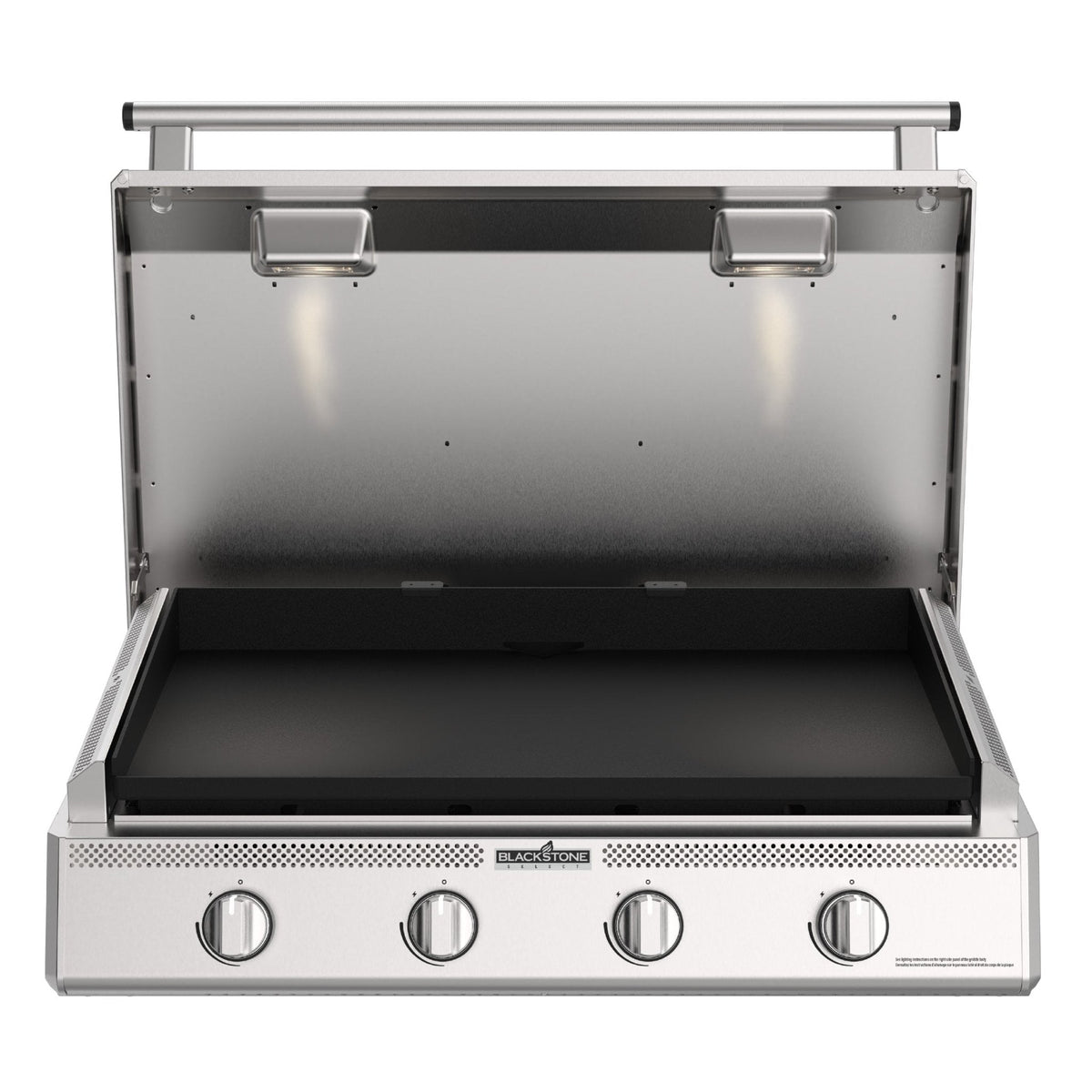Blackstone Select 36-inch stainless built-in griddle, front view with hood open and lights on