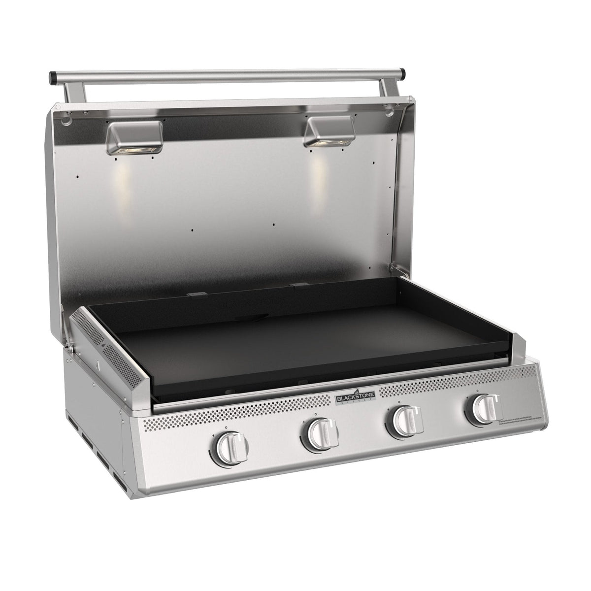 Blackstone Select 36-inch stainless built-in griddle, stainless hood open over the griddle plate