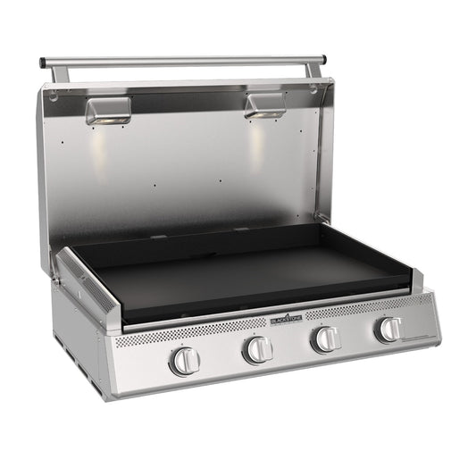 Blackstone Select 36-inch stainless built-in griddle, stainless hood open over the griddle plate
