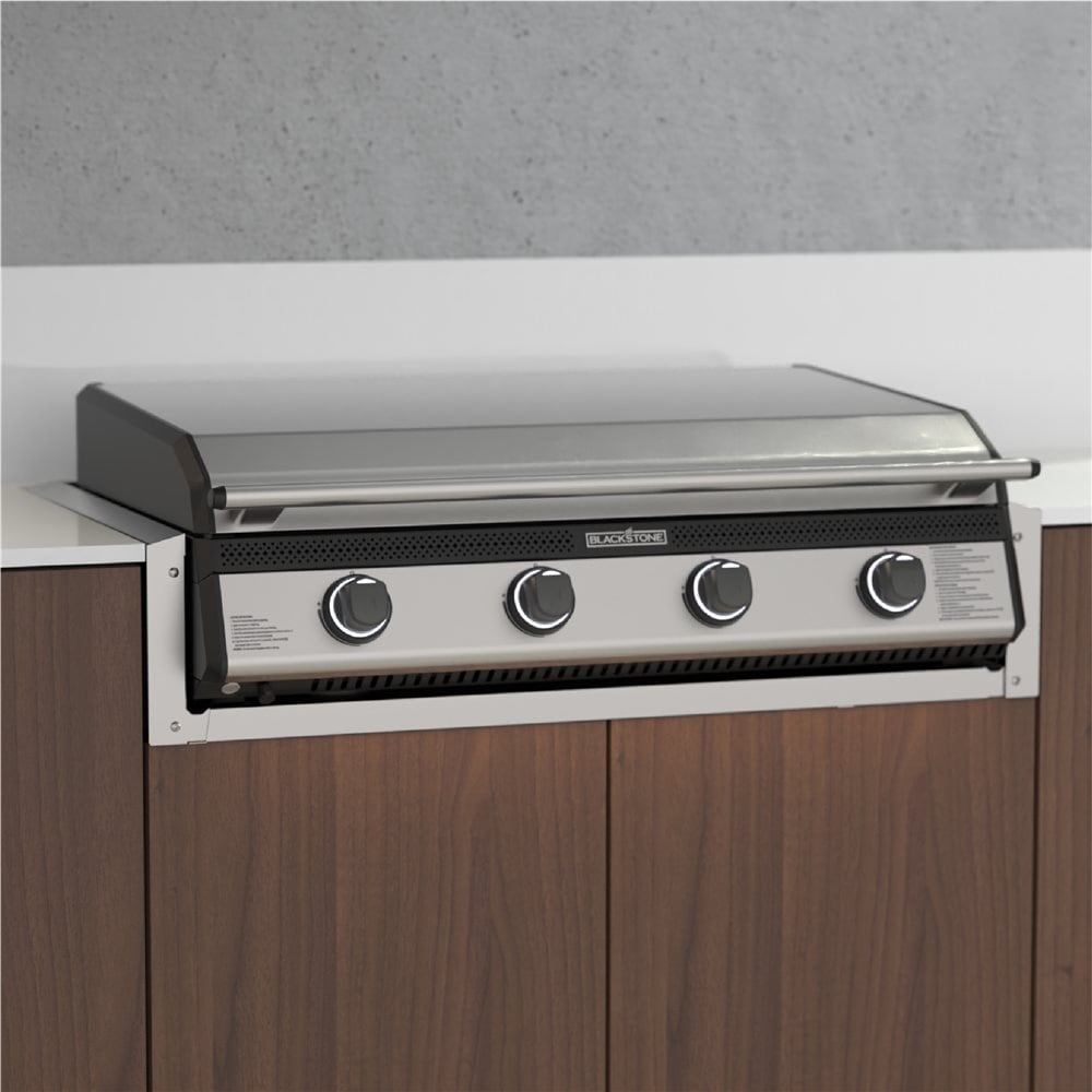 Blackstone 36-inch drop-in griddle insulating jacket, installed in an island with the griddle in place