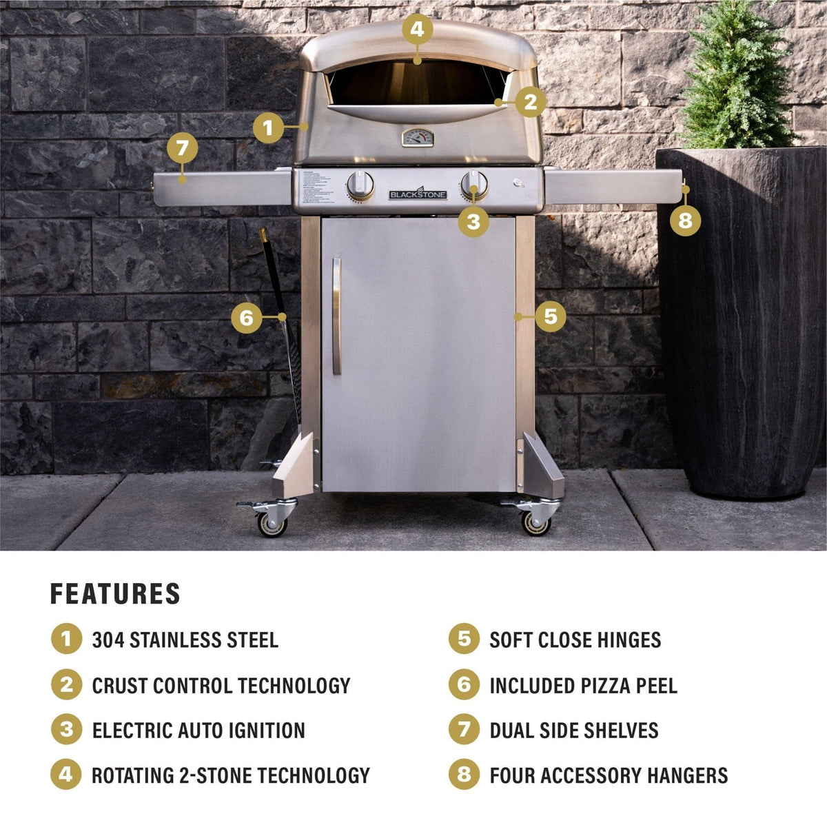 Blackstone Select pizza oven with cart, labeled feature overview