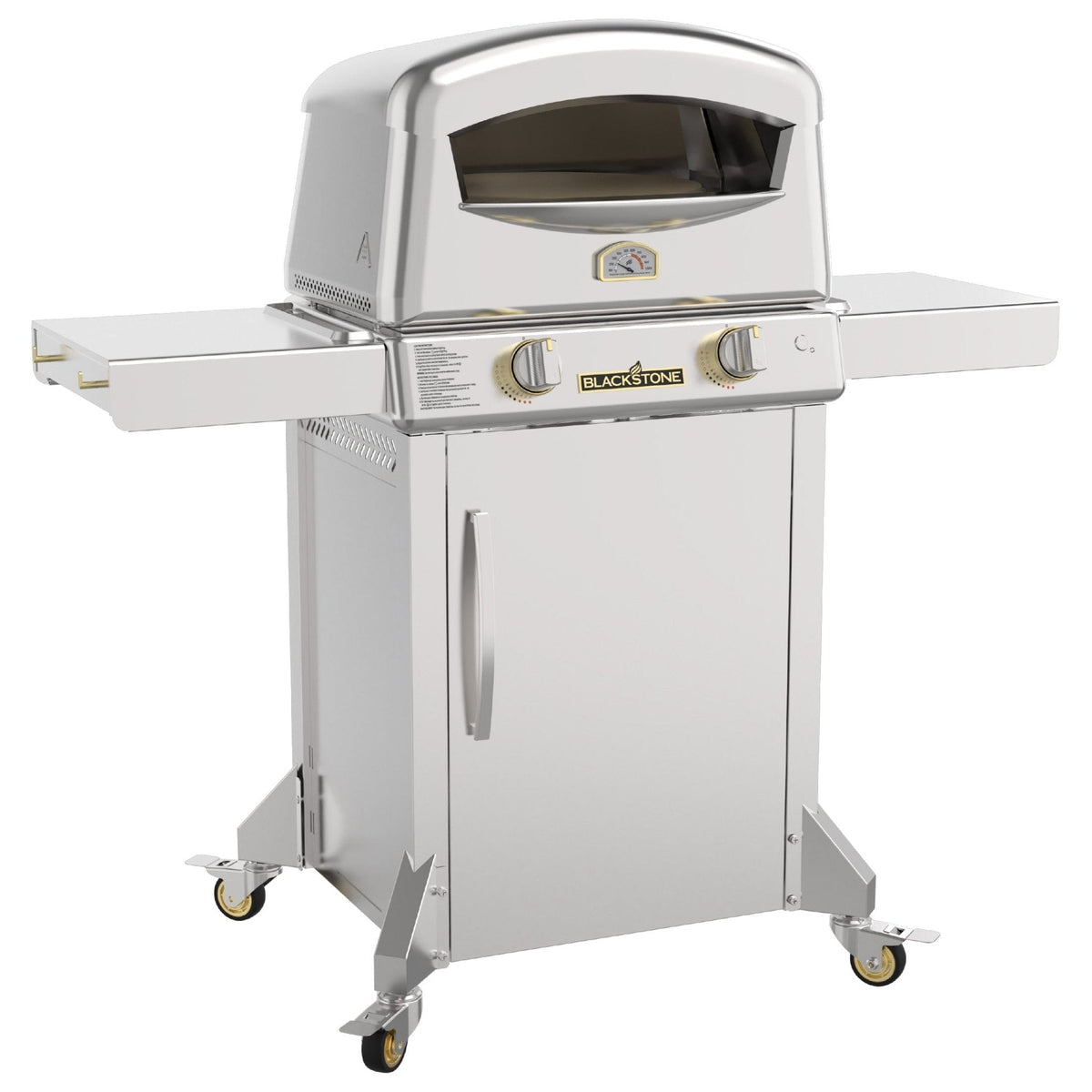 Blackstone Select pizza oven with cart, stainless cart with side shelves