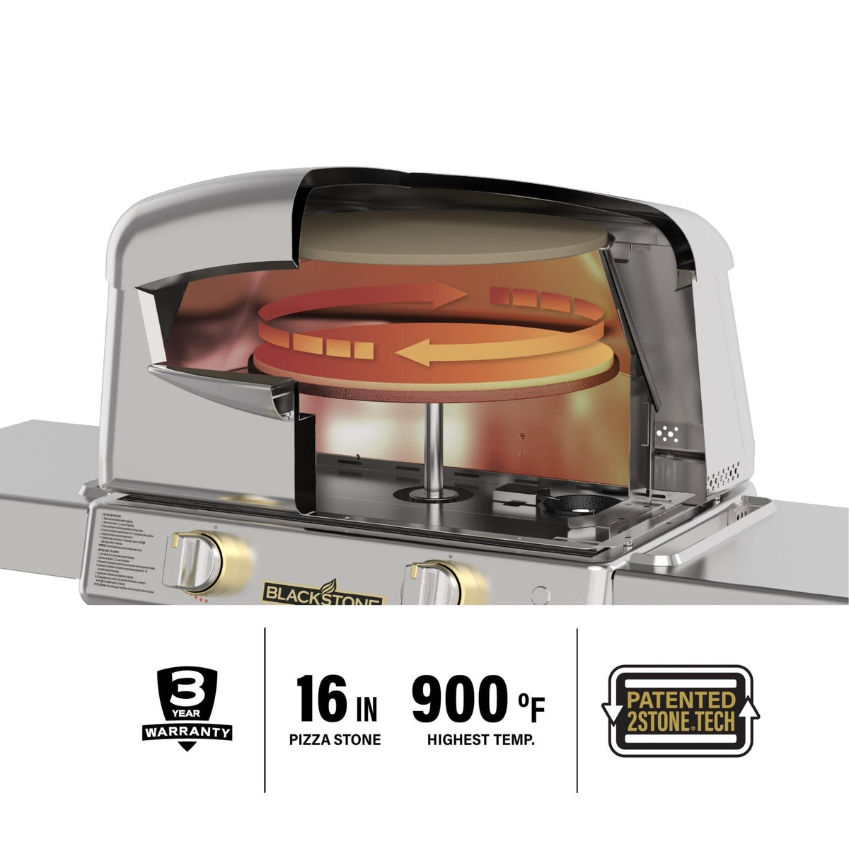 Blackstone Select pizza oven with cart, cutaway of the rotating 16-inch stone