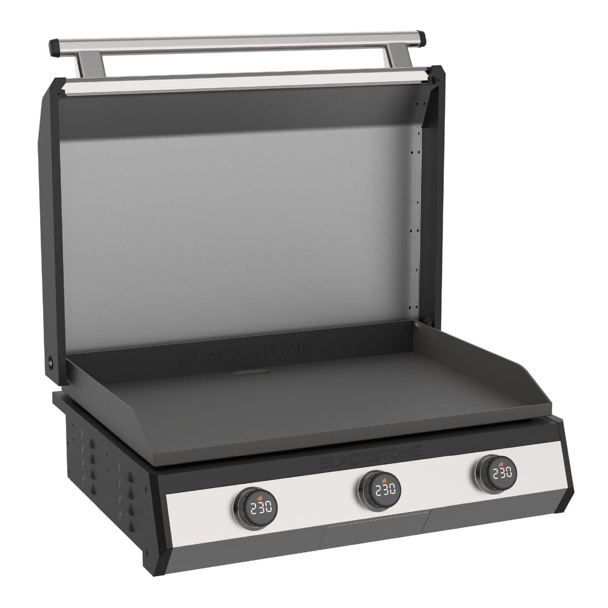 Blackstone 30-inch electric built-in griddle, hood open showing the griddle plate
