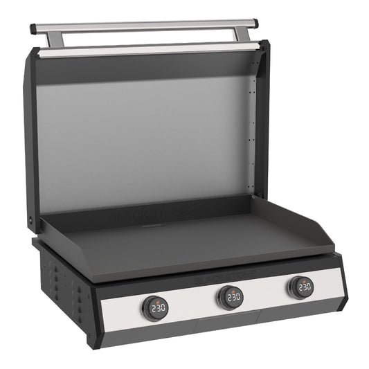 Blackstone 30-inch electric built-in griddle, hood open showing the griddle plate