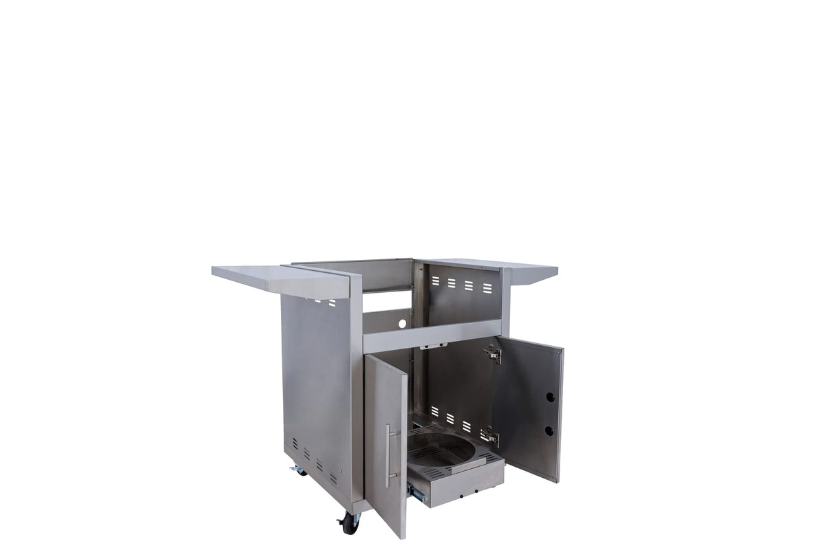 Blaze cart for the 26-inch outdoor oven, doors open showing storage