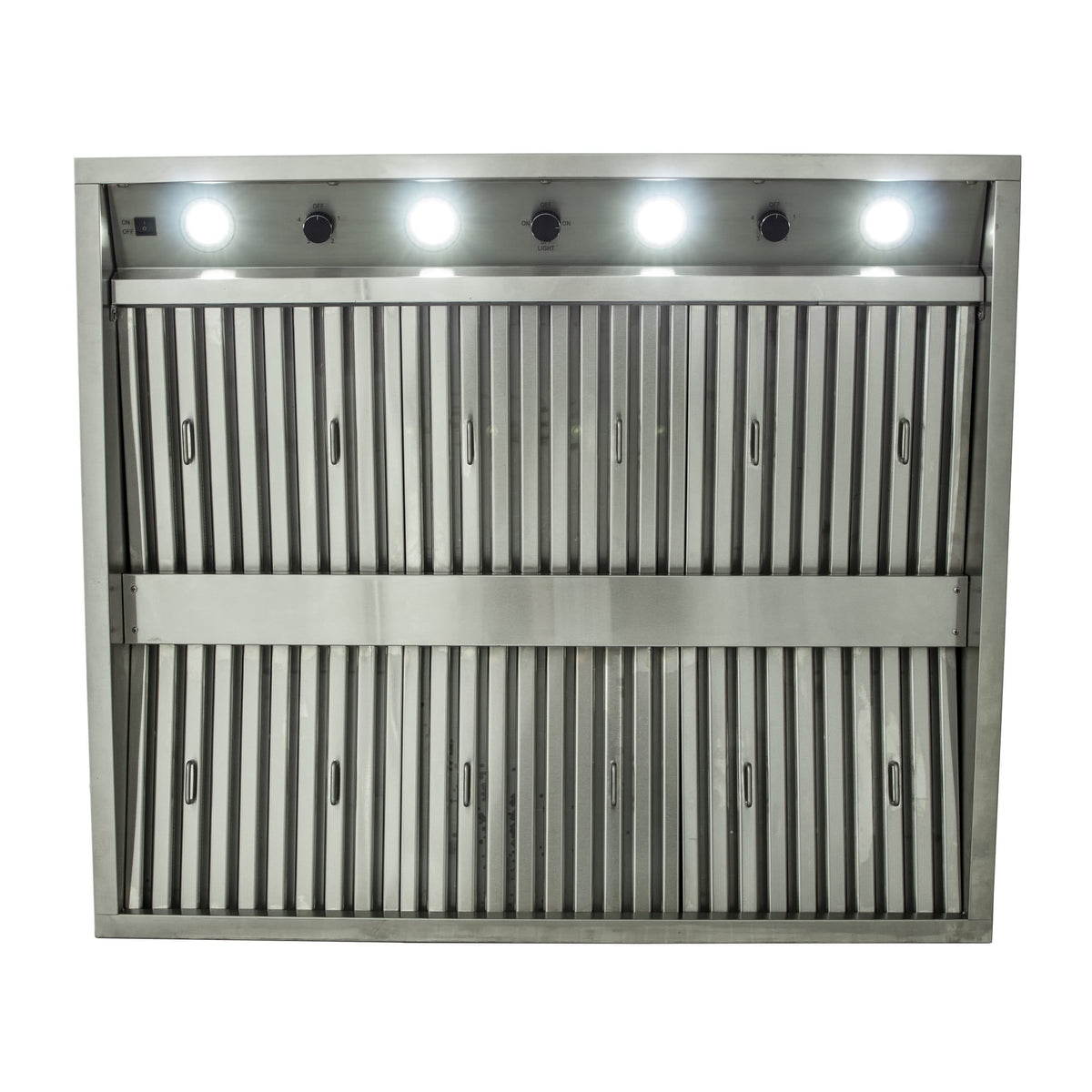 Blaze 36-inch outdoor vent hood (2026 model), underside with halogen lights on