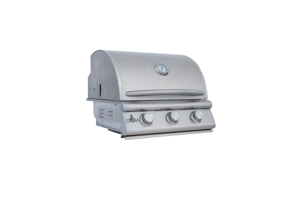 Blaze BCM 25-inch 3-burner built-in gas grill, angled side view