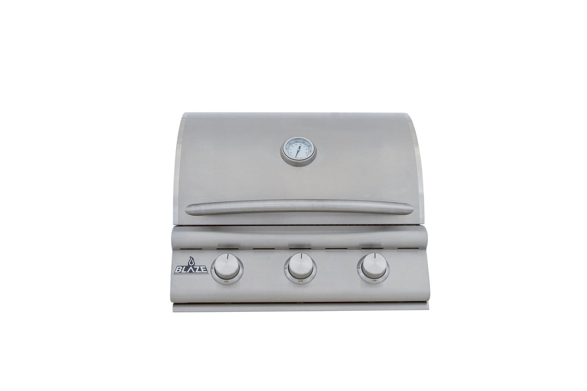 Blaze BCM 25-inch 3-burner built-in gas grill, hood closed, front view