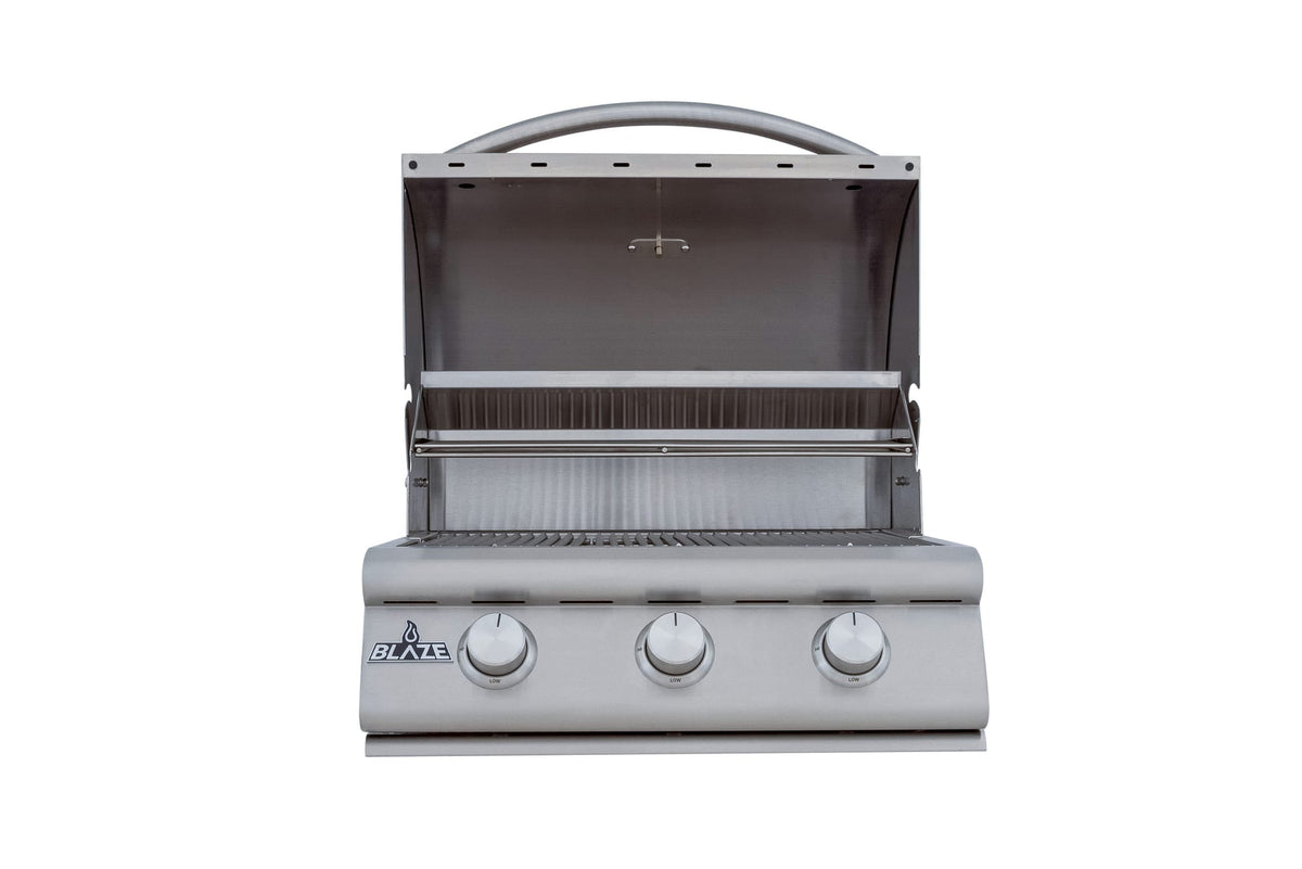 Blaze BCM 25-inch 3-burner built-in gas grill, hood open, front view