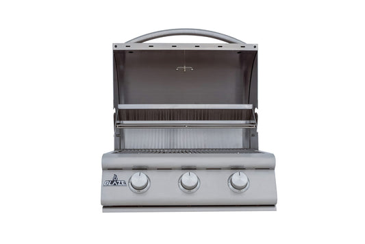 Blaze BCM 25-inch 3-burner built-in gas grill, hood open, front view