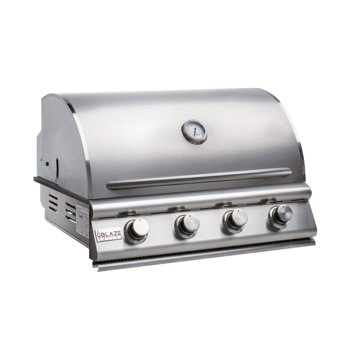 Blaze Prelude LBM 32-inch 4-burner built-in gas grill, hood closed, angled view