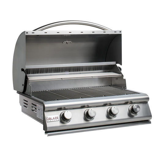 Blaze Prelude LBM 32-inch 4-burner built-in gas grill, hood open, front view