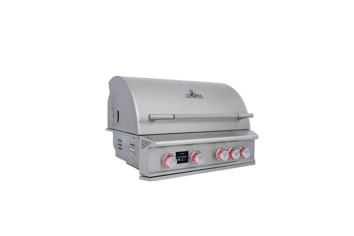 Blaze LTE PRO 32-inch 4-burner built-in gas grill, angled view, hood closed