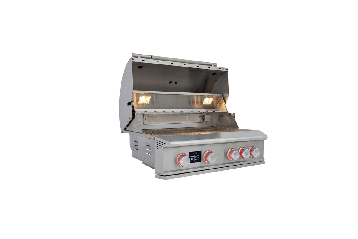 Blaze LTE PRO 32-inch 4-burner built-in gas grill, angled view, hood open