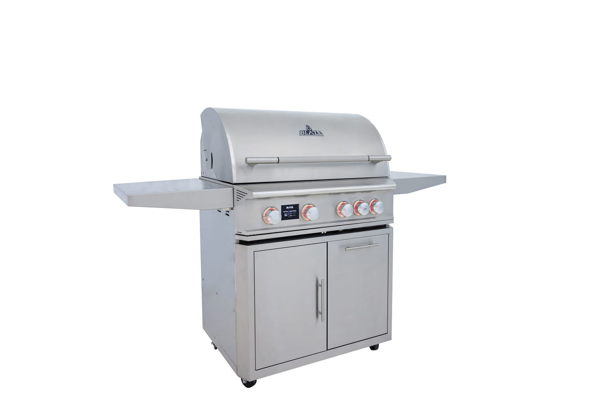 Blaze cart for the LTE PRO 32-inch 4-burner grill, angled view with grill (sold separately)
