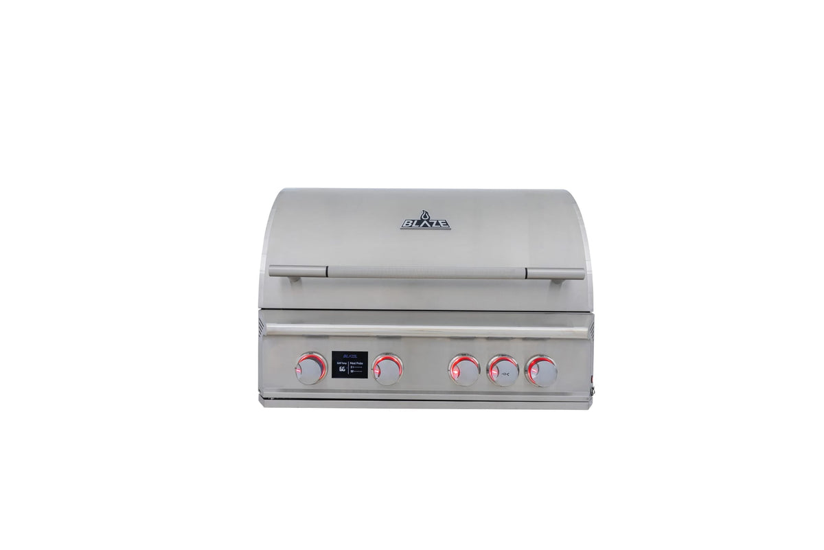 Blaze LTE PRO 32-inch 4-burner built-in gas grill, front view, hood closed