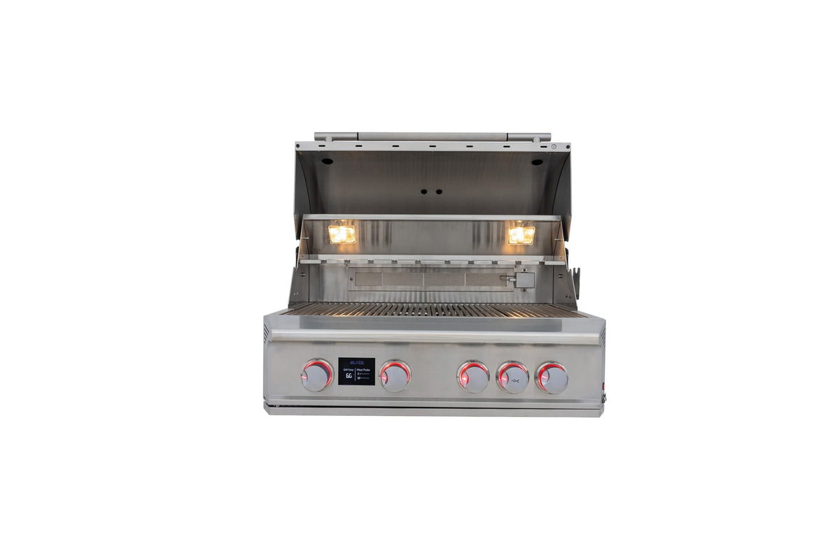 Blaze LTE PRO 32-inch 4-burner built-in gas grill, front view, hood open with interior lights on
