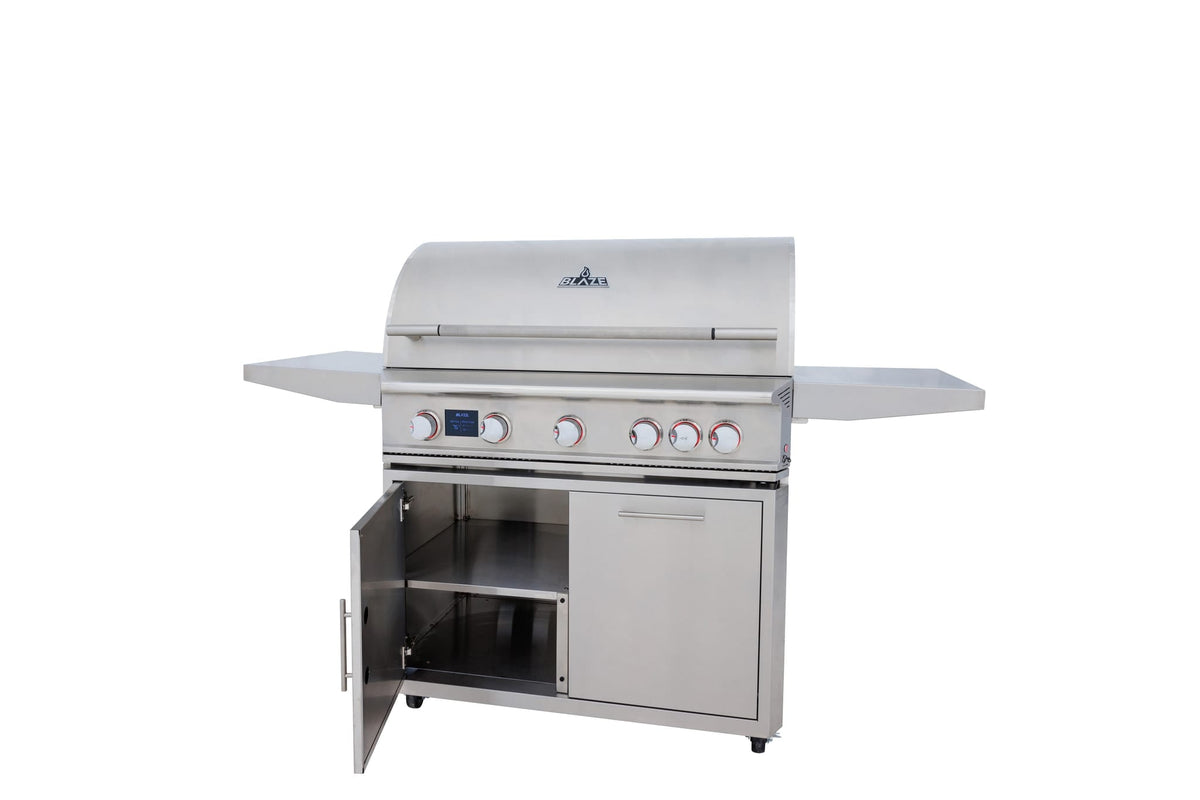 Blaze cart for the LTE PRO 40-inch 5-burner grill, doors open showing storage (grill sold separately)