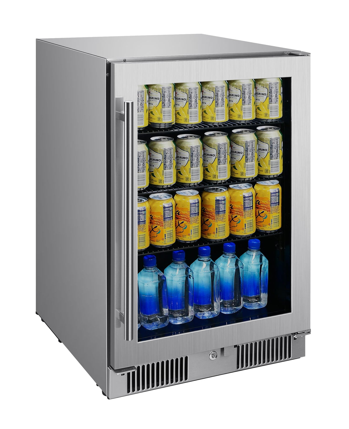 Blaze 20-inch 4.5 cu. ft. outdoor rated beverage cooler, angled view, stocked with cans