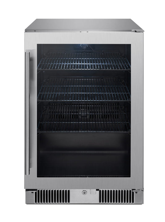 Blaze 20-inch 4.5 cu. ft. outdoor rated beverage cooler, front view, glass door closed