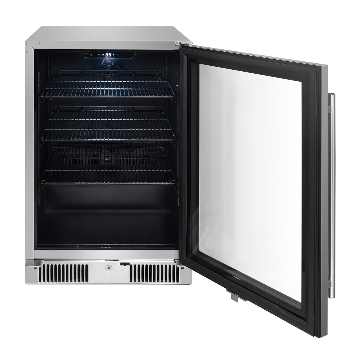 Blaze 20-inch 4.5 cu. ft. outdoor rated beverage cooler, door open, empty with wire shelves
