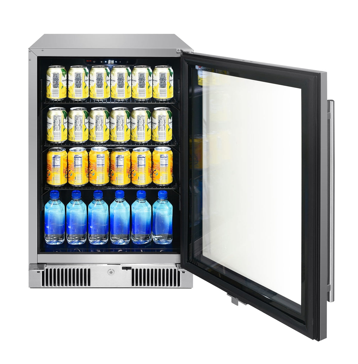 Blaze 20-inch 4.5 cu. ft. outdoor rated beverage cooler, door open, stocked
