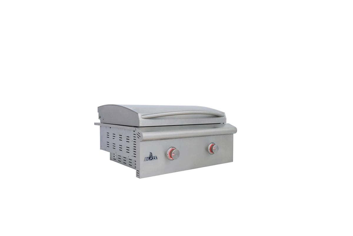 Blaze LTE+ 30-inch built-in gas griddle, angled view, lid closed