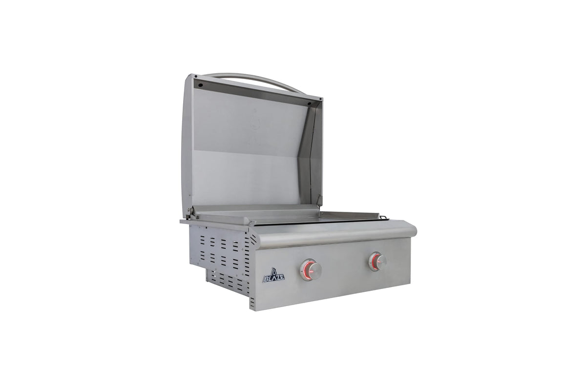 Blaze LTE+ 30-inch built-in gas griddle, angled view, lid open