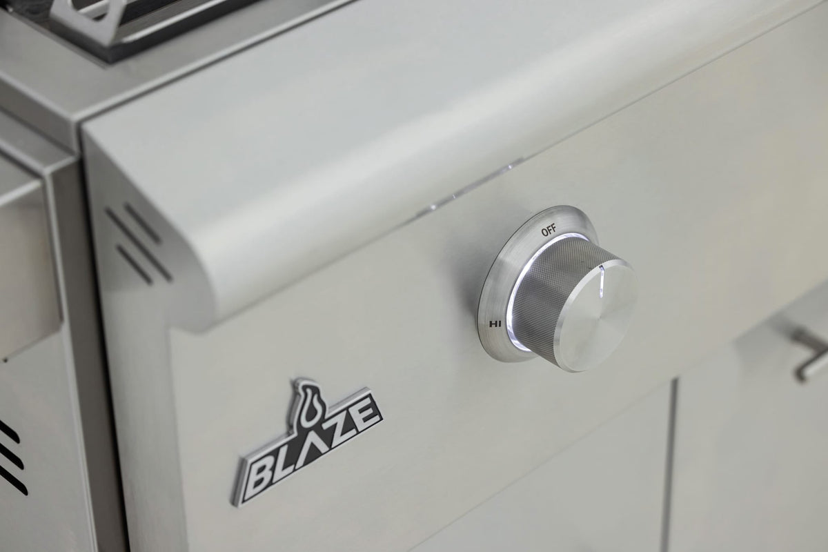Blaze LTE+ 30-inch built-in gas griddle, control knob and logo detail